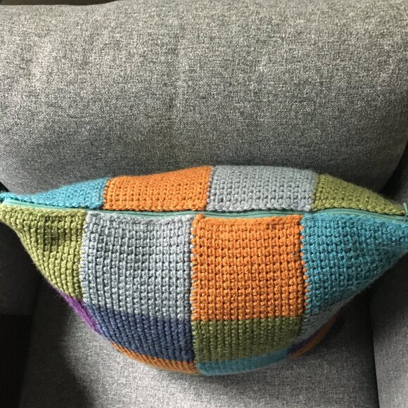 Handmade Tunisian Crocheted Multi-Colored Square Checkerboard Accent Pillow - Picture 6 of 16